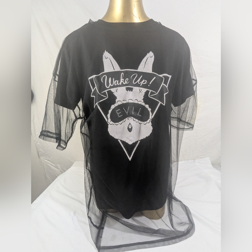 Listen Flavor Wake Up! Evil Women's Black Tee With Sheer Cover NWOT Medium